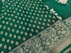 CODE WS1317 : Bottle green printed fancy dola silk saree with sequins work, zari woven borders, printed running blouse.