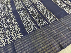 CODE WS1320 : Dark blue Bagal puri original wax batik silk cotton saree, big silver zari borders, running blouse with silver zari lines and borders.