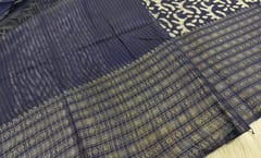 CODE WS1320 : Dark blue Bagal puri original wax batik silk cotton saree, big silver zari borders, running blouse with silver zari lines and borders.