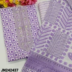 CODE JN242437 : Light Purple printed pure soft cotton unstitched salwar material, thread, sequins work on yoke, soft printed cotton bottom, printed soft cotton dupatta.(REQUIRES TAPINGS).