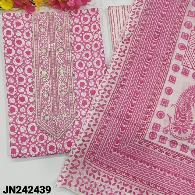 CODE JN242438 : Pink printed pure soft cotton unstitched salwar material, thread, sequins work on yoke, soft printed cotton bottom, printed soft cotton dupatta.(REQUIRES TAPINGS).