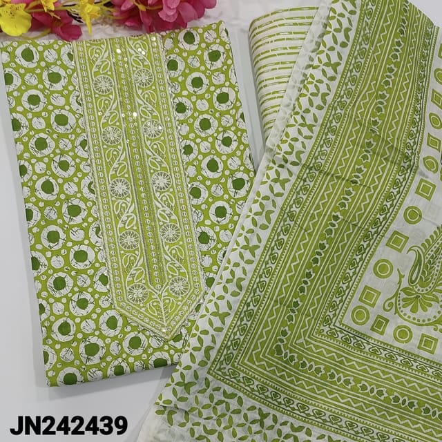 CODE JN242439 : Green printed pure soft cotton unstitched salwar material, thread, sequins work on yoke, soft printed cotton bottom, printed soft cotton dupatta.(REQUIRES TAPINGS)