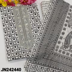 CODE JN242440 : Grey printed pure soft cotton unstitched salwar material, thread, sequins work on yoke, soft printed cotton bottom, printed soft cotton dupatta.(REQUIRES TAPINNGS)