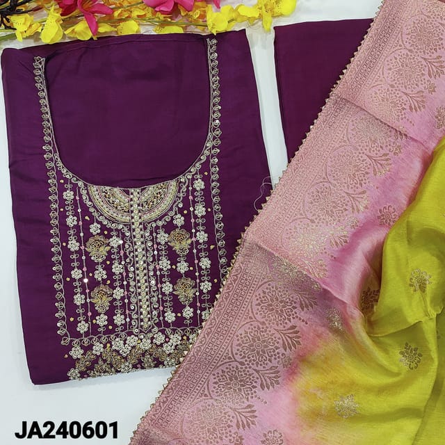 CODE JA240601 : Dark purple pure dola silk unstitched salwar material,round neck,yoke with tiny sequins,zari and zardzosi work,simple lace work daman(shiny, silky,lining needed)santoon bottom,contrast premium silk cotton designer dupatta