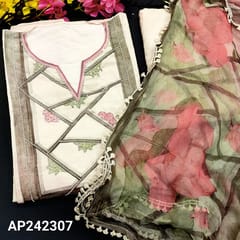 CODE AP242307 : Beige premium linen unstitched salwar material, heavy work on yoke, floral printed, sequins work on front(lining needed)matching santoon bottom, floral printed pure chiffon dupatta with fancy lace tassels.