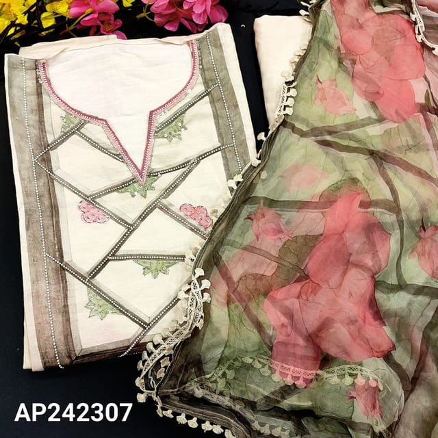 CODE AP242307 : Beige premium linen unstitched salwar material, heavy work on yoke, floral printed, sequins work on front(lining needed)matching santoon bottom, floral printed pure chiffon dupatta with fancy lace tassels.
