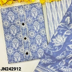 CODE JN242912 : Powder blue printed slub cotton unstitched salwar material, simple buttons on yoke (lining optional)printed cotton bottom, printed mixed cotton dupatta.