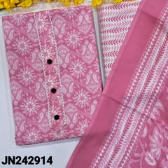 CODE JN242914 : Pastel pink printed slub cotton unstitched salwar material, simple buttons on yoke (lining optional)printed cotton bottom, printed mixed cotton dupatta.