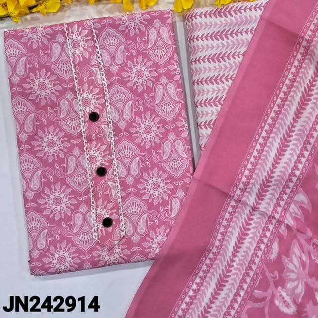 CODE JN242914 : Pastel pink printed slub cotton unstitched salwar material, simple buttons on yoke (lining optional)printed cotton bottom, printed mixed cotton dupatta.