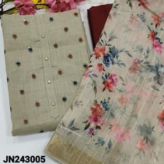 CODE JN243005 : Greyish beige semi linen cotton unstitched salwar material, fancy buttons on yoke, thread& sequins work on front(lining optional)dark maroon silk cotton bottom, short width floral printed semi linen dupatta with sequins &gold zari borders.