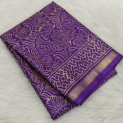 CODE WS1326 :Violet Fancy Modal silk saree,thin gold zari borders, printed all over,Printed pallu and running blouse with printed borders