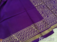 CODE WS1326 :Violet Fancy Modal silk saree,thin gold zari borders, printed all over,Printed pallu and running blouse with printed borders