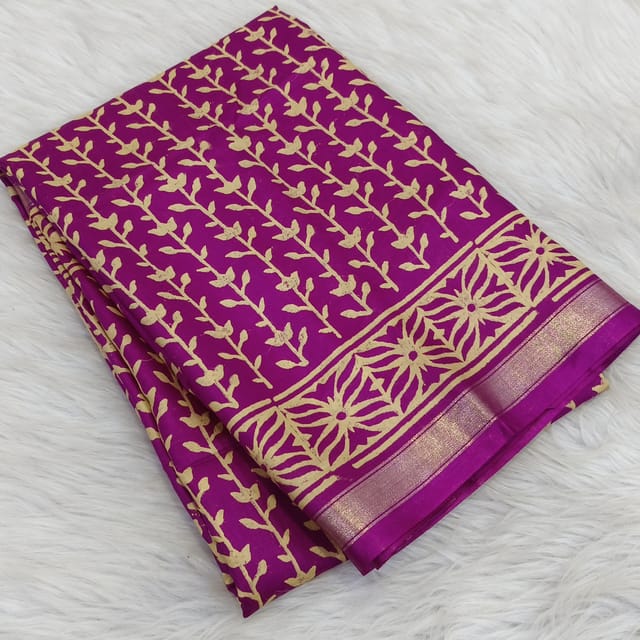 CODE WS1329 :Beetroot Purple Fancy Modal silk saree,thin gold zari borders, printed all over,Printed pallu and running blouse with printed borders