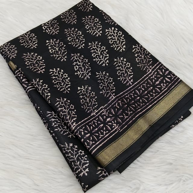 CODE WS1330 :Black Fancy Modal silk saree,thin gold zari borders, printed all over,Printed pallu and running blouse with printed borders