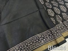 CODE WS1330 :Black Fancy Modal silk saree,thin gold zari borders, printed all over,Printed pallu and running blouse with printed borders