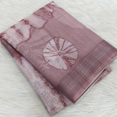 CODE WS1334 :Onion Pink fancy semi linen saree with shibori design all over,silver tissue borders,printed running blouse