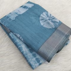 CODE WS1338 :Blue fancy semi linen saree with shibori design all over,silver tissue borders,printed running blouse