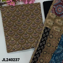 CODE JL240237 : Beige ajrak hand block printed pure cotton unstitched salwar material(lining optional)black cotton bottom, pure cotton dupatta with applique work &tassels.