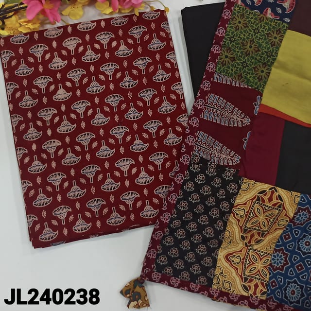 CODE JL240238 : Dark maroon ajrak hand block printed pure cotton unstitched salwar material(lining optional)black cotton bottom, pure cotton dupatta with applique work &tassels.