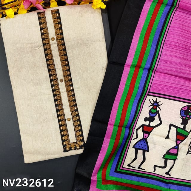 CODE NV232612 : Light Beige Jute Cotton unstitched Salwar material(Soft fabric, lining optional)with contrast embroidered yoke, Black cotton bottom, Printed Art Silk Dupatta with colorful warli printed pallu and contrast multi colored striped borders.