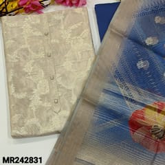 CODE MR242831 : Beige tissue silk cotton unstitched salwar material,fancy buttons on yoke,zari woven design on front(thin,lining needed)ink blue silk cotton bottom,fancy organza floral printed dupatta with gold tissue borders.