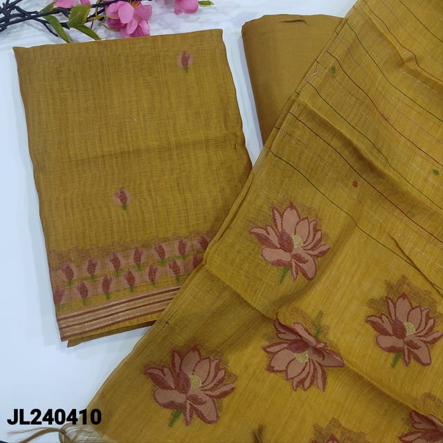 CODE JL240410 : Mehandhi yellow premium silk cotton unstitched salwar material, jamdani woven design on front(thin fabric, lining needed)matching santoon bottom, premium silk cotton dupatta with jamdani weaving design with tassels.