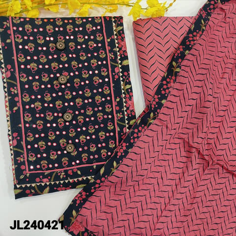 CODE JL240421 : Navy blue base floral printed pure cotton unstitched salwar material, faux mirror& fancy buttons on yoke(lining optional)printed pure cotton bottom, printed pure mul cotton dupatta with kota lace tapings.