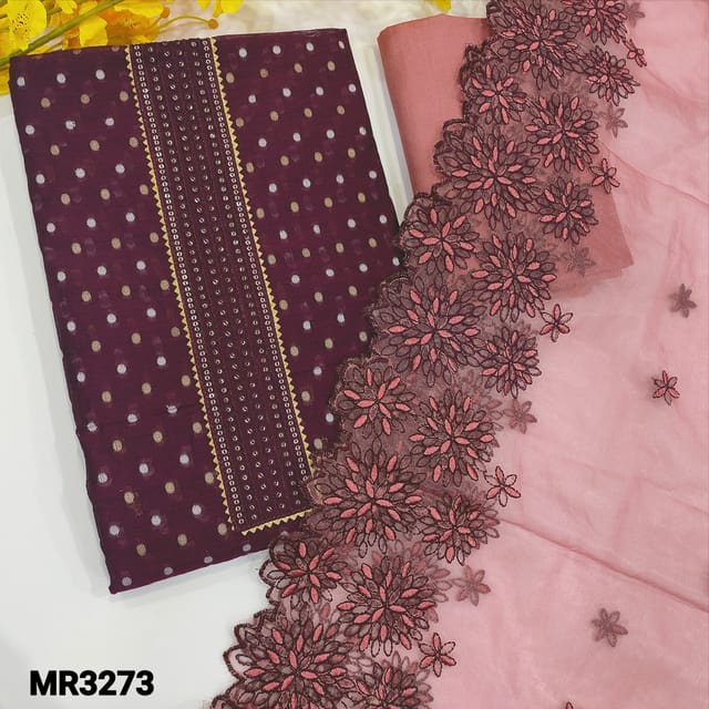 CODE MR3273 : Dark Beetroot Purple Silk cotton Unstitched Salwar material(thin fabric, requires lining ) Simple yoke,thread and zari woven buttas all over, Pink cotton bottom,Fancy Organza Dupatta with embroidery and cutwork edges