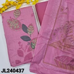 CODE JL240437 : Pink printed satin cotton unstitched salwar material, embroidered front(lining optional)matching spun cotton bottom, printed soft mixed cotton dupatta.