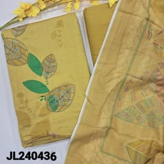 CODE JL240436 : Light mehandhi yellow printed satin cotton unstitched salwar material, embroidered front(lining optional)matching spun cotton bottom, printed soft mixed cotton dupatta.