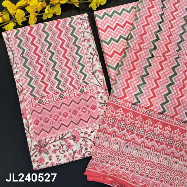 CODE JL240527 : Pink floral printed soft cotton unstitched salwar material, tread& faux mirror work on yoke(lining needed)printed cotton bottom, printed soft cotton dupatta.