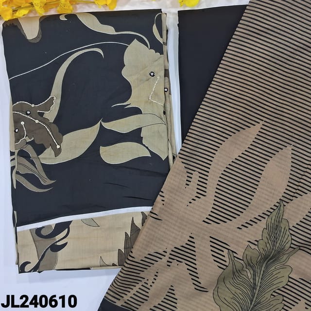 CODE JL240610 : Beige satin cotton unstitched salwar material, printed all over, thread& sequins work on front(lining optional)black spun cotton bottom, printed pure cotton dupatta.