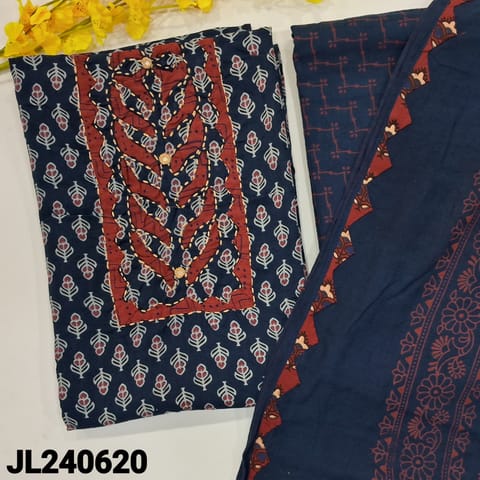 CODE JL240620 : Blue ajrak block printed pure cotton unstitched salwar material, kantha stich, real mirror& applique work on yoke(lining optional)printed pure cotton bottom, pure mul cotton dupatta with applique work.