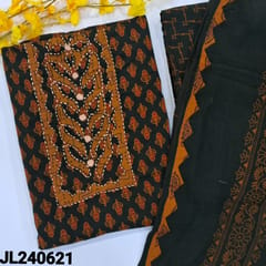 CODE JL240621 : Dark green ajrak block printed pure cotton unstitched salwar material, kantha stich, real mirror& applique work on yoke(lining optional)printed pure cotton bottom, pure mul cotton dupatta with applique work.