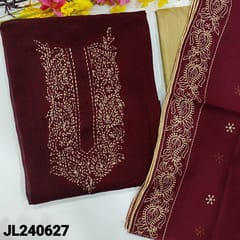 CODE JL240627 : Dark maroon printed fancy silk unstitched salwar material, embroidered on yoke(lining needed)beige silky bottom, embroidered kota dupatta with borders.