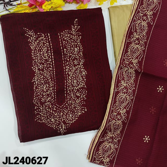 CODE JL240627 : Dark maroon printed fancy silk unstitched salwar material, embroidered on yoke(lining needed)beige silky bottom, embroidered kota dupatta with borders.