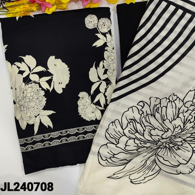 CODE JL240708 : Black floral printed satin cotton unstitched salwar material, thread& sequins work on front(lining needed)matching spun cotton bottom, printed pure cotton dupatta.