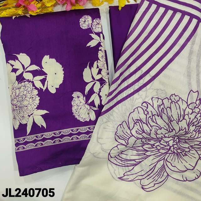 CODE JL240704 : Violet floral printed satin cotton unstitched salwar material, thread& sequins work on front(lining needed)matching spun cotton bottom, printed pure cotton dupatta.