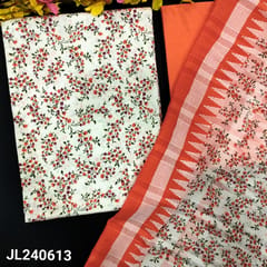 CODE JL240713 : Half white base floral printed jakard cotton unstitched salwar material(lining needed)dark peach pure cotton bottom, premium cotton dupatta(REQUIRES TAPINGS).