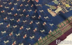 CODE WS1354 : Navy blue digital pitchway printed silk cotton saree, printed running blouse, Dark green pallu pallu with tassels.