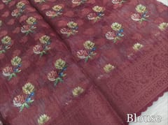 CODE WS1348 :  Pastel blue designer silk cotton saree,double side borders with cut work edges, contrast running blouse, dark maroon rich zari woven pallu.