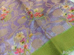 CODE WS1347 : Lavender designer silk cotton saree,double side borders with cut work edges, contrast running blouse, green rich zari woven pallu.