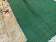 CODE WS1349 :  Rich beige designer silk cotton saree,double side borders with cut work edges, contrast running blouse, turquoise green rich zari woven pallu.