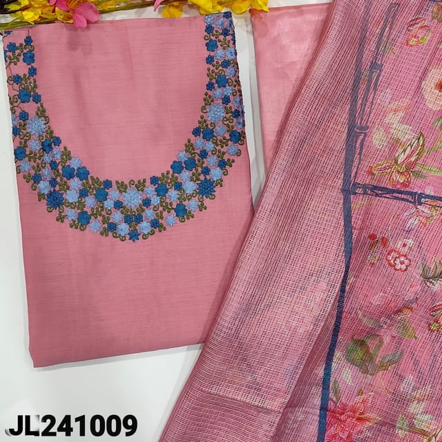 CODE JL241009 : Pastel pink fancy silk cotton unstitched salwar material, embroidered on yoke(lining needed)matching silky bottom, floral printed fancy kota dupatta.