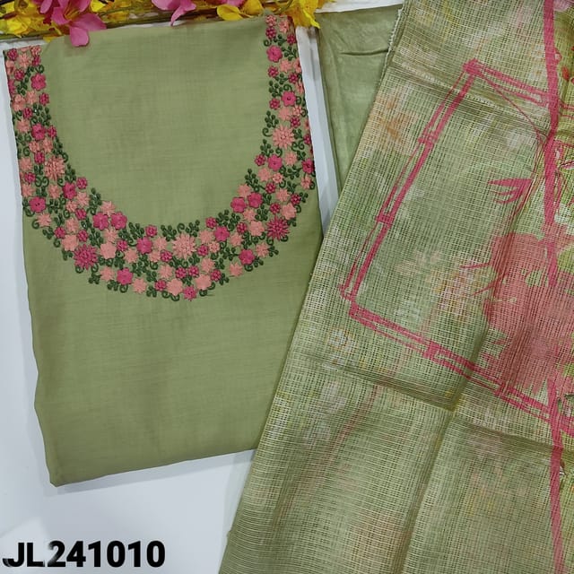 CODE JL241010 : Pastel green fancy silk cotton unstitched salwar material, embroidered on yoke(lining needed)matching silky bottom, floral printed fancy kota dupatta.