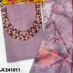 CODE JL241011 : Light purple fancy silk cotton unstitched salwar material, embroidered on yoke(lining needed)matching silky bottom, floral printed fancy kota dupatta.