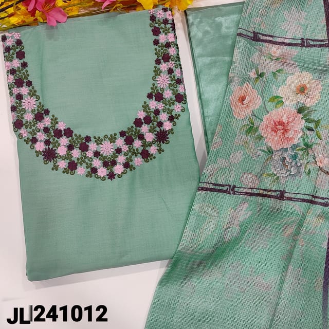 CODE JL241012 : Pastel blue fancy silk cotton unstitched salwar material, embroidered on yoke(lining needed)matching silky bottom, floral printed fancy kota dupatta.