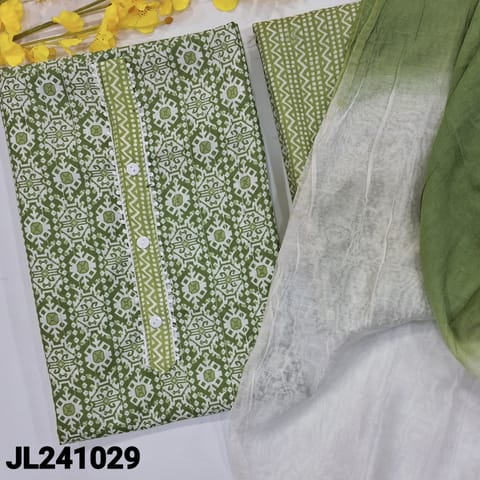 CODE JL241029 : Light green shade printed slub cotton unstitched salwar material, buttons on yoke, zari lines on front(lining optional)zigzag printed slub cotton bottom, dual shaded fancy silk cotton dupatta(REQUIRED TAPINGS).