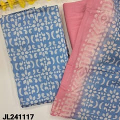 CODE JL241117 : Powder blue batik dyed soft silk cotton unstitched salwar material(lining needed)pink batik dyed bottom, batik dyed soft silk cotton dupatta with sequins work.