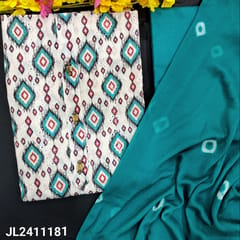 CODE JL2411181 : Light grey schiffli embroidered ikat printed cotton unstitched salwar material(lining needed)turquoise blue cotton bottom, bandhini printed fancy chiffon dupatta.